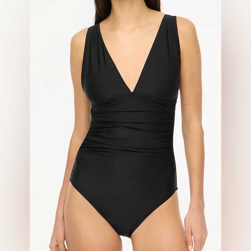 J. CREW FACTORY‎ Ruched Plunging One Piece Swimsuit. Black. Size Large